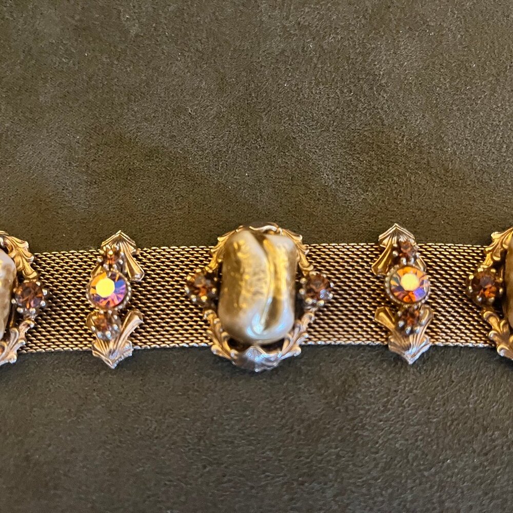 Vintage Gold Tone Mesh Faux Pearl and Rhinestone Bracelet - Picture 11 of 16